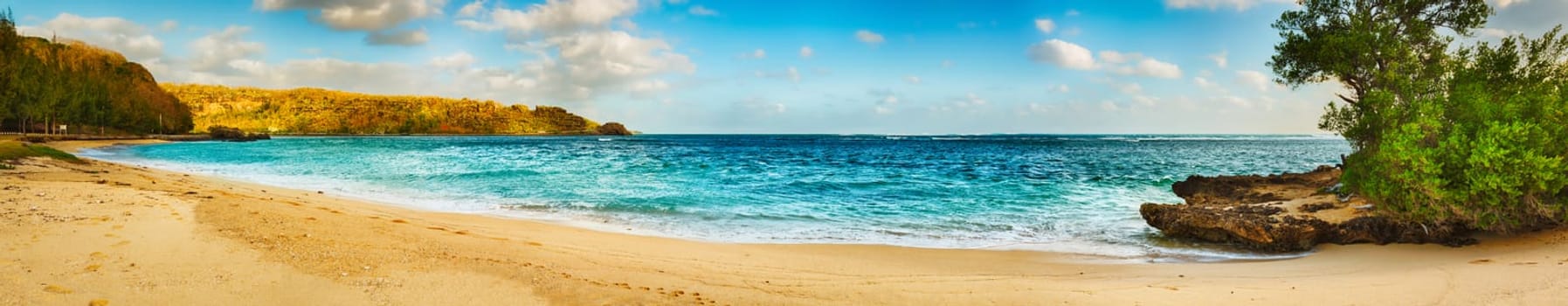 Sandy tropical beach at sunny day. Mauritius. Panorama