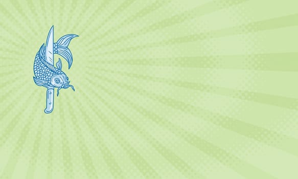 Business card showing Drawing sketch style illustration of a trout fish and a cook's knife viewed from front.....