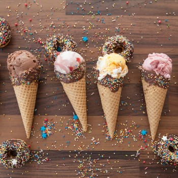 Ice cream in waffle daes with chocolate and sugar sprinkles