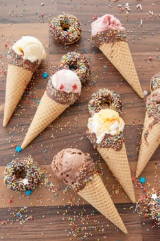Ice cream in waffle daes with chocolate and sugar sprinkles