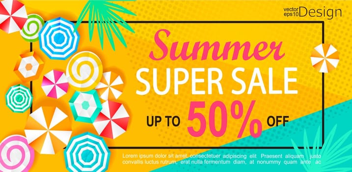 Summer super sale banner with sun umbrellas on background. Vector illustration template and banners, wallpaper, flyers, invitation, posters, brochure, voucher discount.