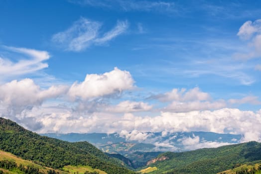 Beautiful cloudscape and blue sky above the high mountain range, There are hillside farming in Chiang Rai Province, Northern Thailand