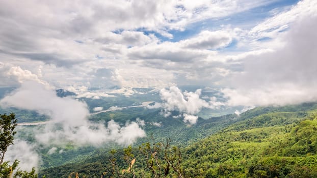 Beautiful natural landscape from the high angle view of Mekong River forest and clouds in the sky on the mountain at Doi Pha Tang view point, Chiang Rai, Thailand, 16:9 wide screen