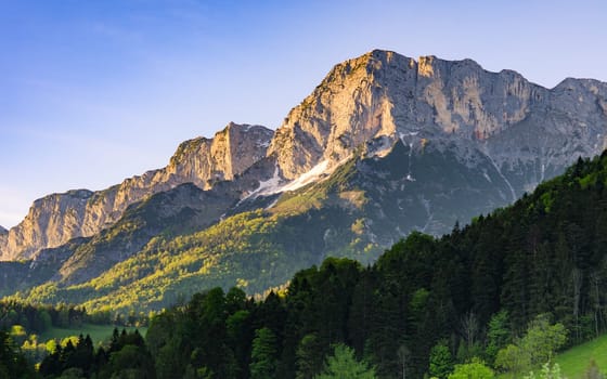 Alpine morning sunlit scenery in national park Berchtesgaden in the south of Bavaria