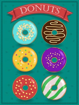 Set of tasty donuts. Vintage food.  illustration.
