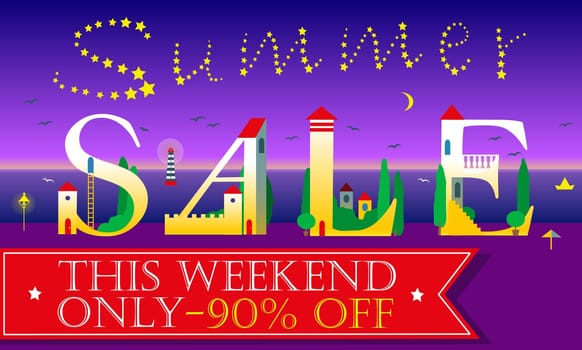 Summer Sale Inscription. . This weekend only. Ninety percents off. Night beach. Holiday white houses Font. Inscription by stars in the sky. Red banner for custom text. Illustration.