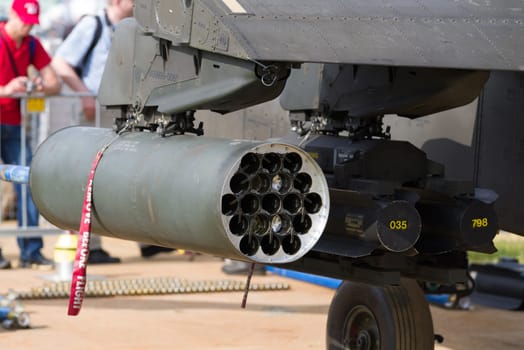 LEEUWARDEN, NETHERLANDS - JUNE 10, 2016: Empty rocket pod of an apache attack helicopter