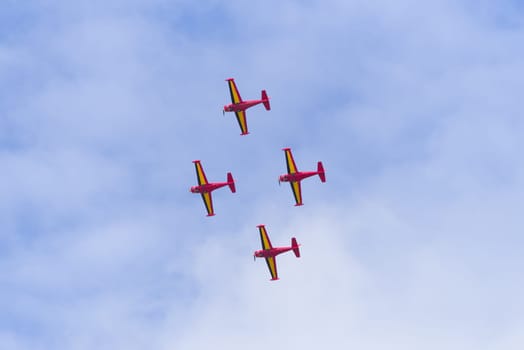 LEEUWARDEN, NETHERLANDS - JUNE 10, 2016: Belgian Red Devils stunt team in action at the Dutch Air Force open days in the netherlands