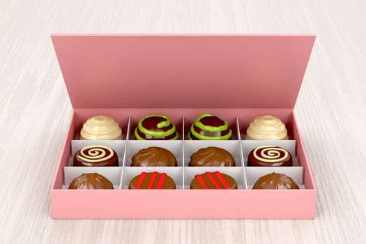 Gift box with chocolate candies on wooden table