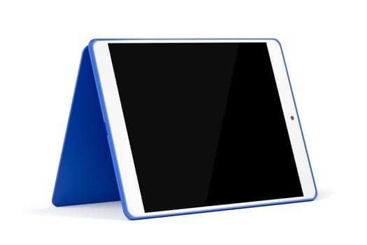 Tablet computer with blue cover on white background