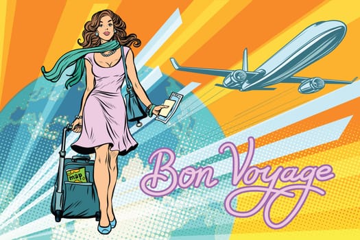 Beautiful girl with a ticket for the flight. Pop art retro vector illustration. Travel and tourism. Lifestyle