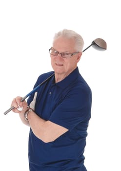 A seventy old years senior standing with his blue t-shirt, holding.his iron over his shoulder, isolated for white background..