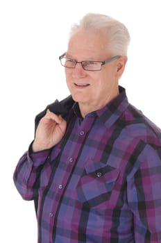 A well dressed handsome senior man standing isolated for white .background in a checkered shirt and jacket over shoulder..