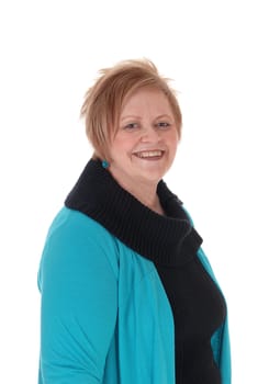 A closeup portrait of a happy smiling senior citizen woman, wearing a.turquoise jacket, isolated for white background..