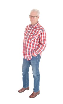 An image of a white hair senior man in a checkered shirt and .glasses in profile, isolated for white background..