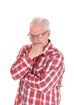 A closeup image of a white hair senior man in a checkered shirt and .glasses hard thinking, isolated for white background..