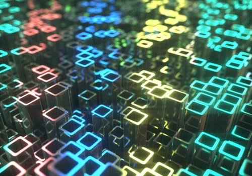 3D illustration. Abstract background made by metallic tubes reflecting colored lights.