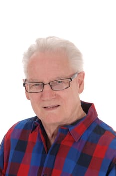 A closeup image of a white hair senior man in a checkered shirt and .glasses, isolated for white background..