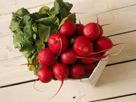 Bunch of organic radishes on an old wooden table, healthy food concept