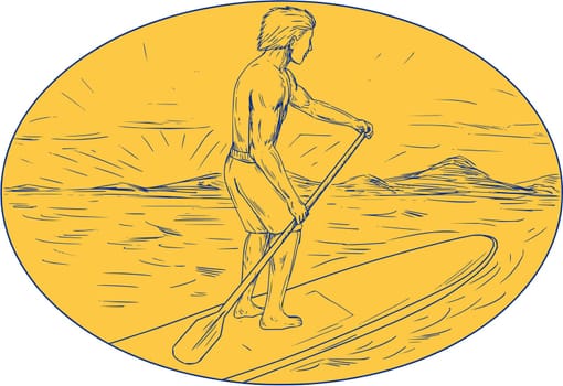 Drawing sketch style illustration of a dude on a stand up paddle board holding paddling oar with island and sunset in the background done set inside oval shape.
