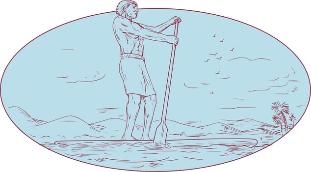 Drawing sketch style illustration of a guy on a stand up paddle board paddle boarding holding paddling oar with tropical island in the background done set inside oval shape.