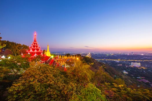 Golden Pagoda on Mandalay Hill sunset , Mandalay, Myanmar