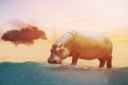 close up on hippo drinking water