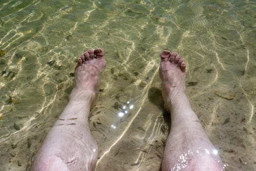 Feet relaxing in a natural fish spa near Rio Lagartos, Mexico