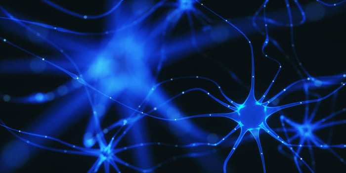 3D illustration of Interconnected neurons with electrical pulses.