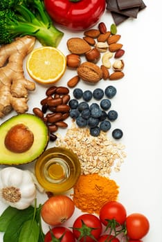 Selection of healthy food on white background. Healthy diet foods for heart cholesterol and diabetes.