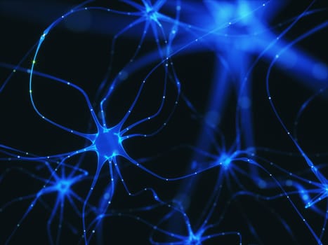 3D illustration of Interconnected neurons with electrical pulses.
