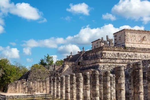 Thousand columns and temple of the warrior in the ancient Mayan ruins of Chichen Itza, Mexico