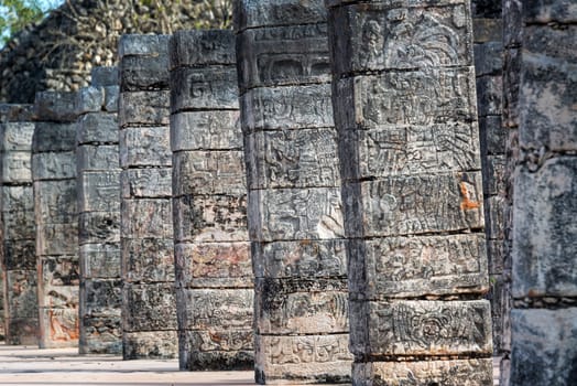 Details of ornate columns in the ruins of Chichen Itza, Mexico