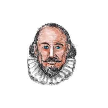 Watercolor style illustration of William Shakespeare head set on isolated white background.
