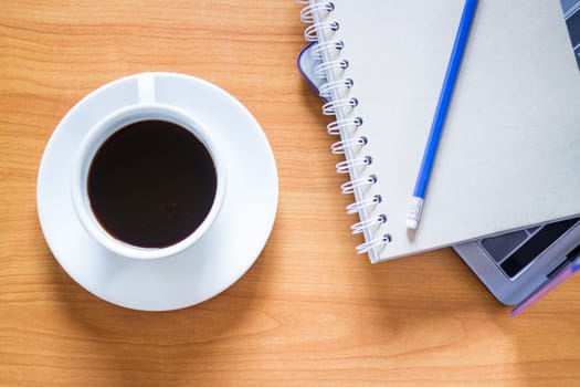 Hot Cup Of Coffee On Working Table, stock photo