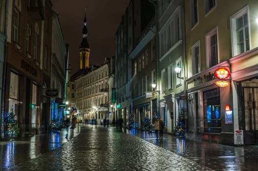 TALLINN, ESTONIA - JANUARY 29, 2017: Night Tallinn, night view of the street, Tallinn Estonia.