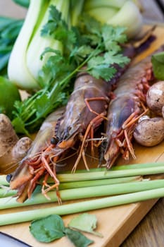 Ingredients for Tom Yam soup with lemongrass shrimp coriander on a kitchen board