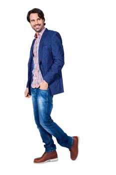 Young man in trendy casual look with dark hair and beard isolated against a white background