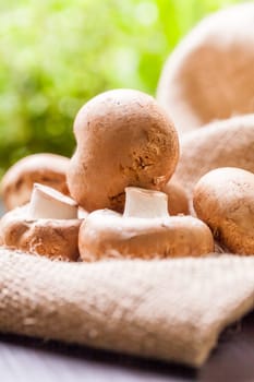 Fresh braund champignons in sunlight on a wooden table in daylight