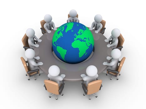 3d businessmen sitting around a table with the globe in the middle