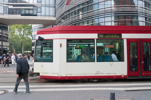 Rheinbahn tram in Dusseldorf, germany. The Rheinbahn is operating in and around Dusseldorf. Its network consists of 7 light rail lines, 13 tram and 92 bus services