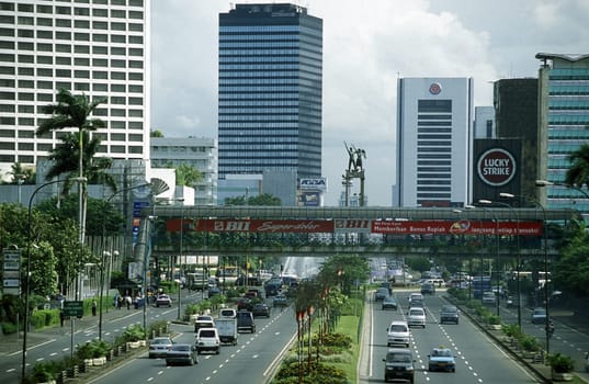 the skyline of the city centre of Jakarta in Indonesia in Southeastasia.