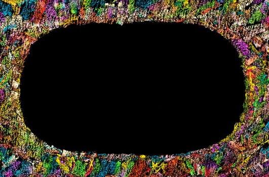 Colorful frame image isolated on black background, copy space available.Hand drawing on blackboard, horizontal shot, creativity concept