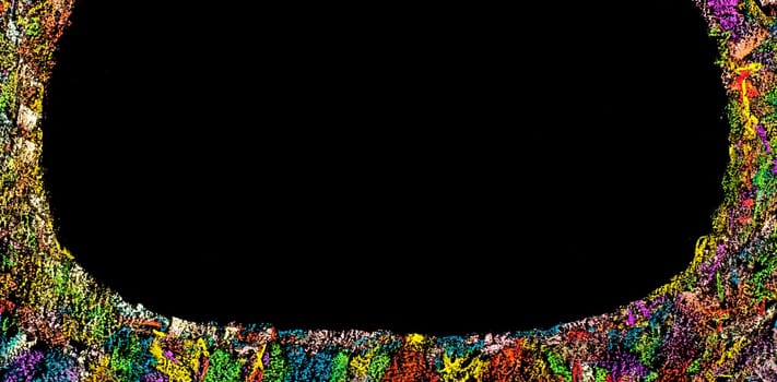 Colorful frame image isolated on black background, copy space available.Hand drawing on blackboard, horizontal shot, creativity concept
