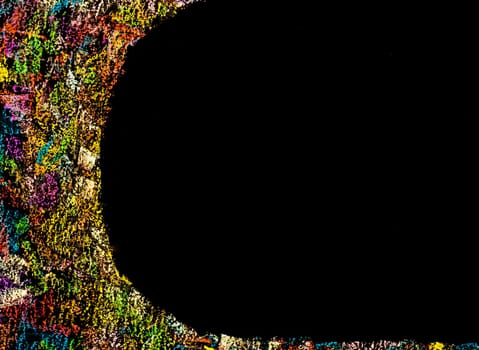 Colorful frame image isolated on black background, copy space available.Hand drawing on blackboard, horizontal shot, creativity concept