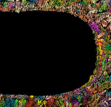 Colorful frame image isolated on black background, copy space available.Hand drawing on blackboard, horizontal shot, creativity concept