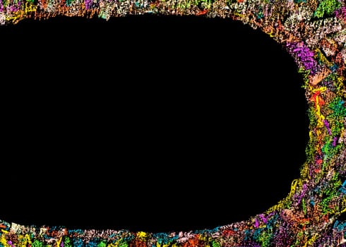 Colorful frame image isolated on black background, copy space available.Hand drawing on blackboard, horizontal shot, creativity concept