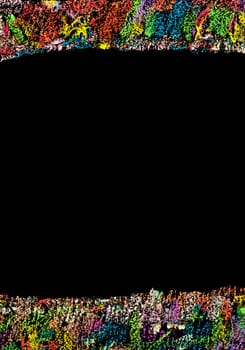 Colorful frame image isolated on black background, copy space available.Hand drawing on blackboard, horizontal shot, creativity concept
