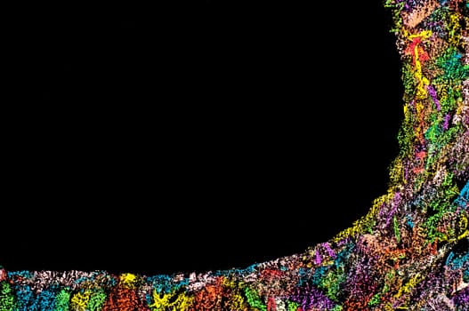Colorful frame image isolated on black background, copy space available.Hand drawing on blackboard, horizontal shot, creativity concept