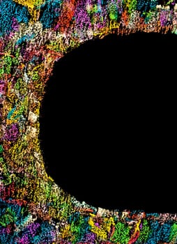 Colorful frame image isolated on black background, copy space available.Hand drawing on blackboard, horizontal shot, creativity concept